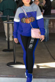 Blue Casual Print Patchwork Hooded Collar Long Sleeve Two Pieces
