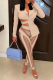 Khaki Sexy Solid Mesh Turndown Collar Long Sleeve Two Pieces