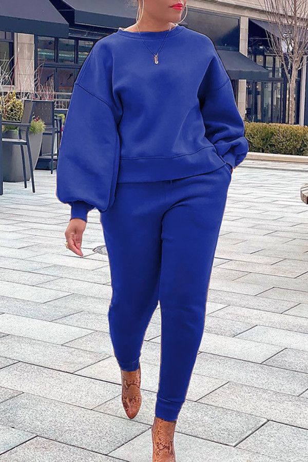 Blue Casual Solid Patchwork O Neck Long Sleeve Two Pieces