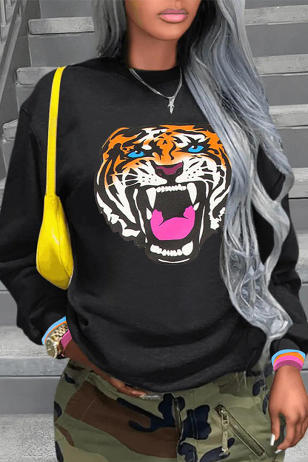 Black Casual Daily Print Basic O Neck Tops