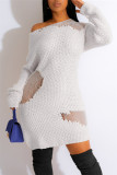 White Sexy Casual Solid See-through O Neck Long Sleeve Dresses