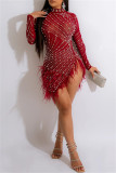 Pink Sexy Patchwork Hot Drilling See-through Feathers Beading Asymmetrical Half A Turtleneck Long Sleeve Dresses