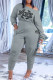 Light Gray Casual Letter Print Patchwork Oblique Collar Long Sleeve Two Pieces