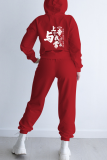 Red Casual Print Patchwork Hooded Collar Long Sleeve Two Pieces