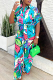 Multicolor Casual Print Patchwork Turndown Collar Regular Jumpsuits