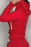 Red Street Solid Zipper Hooded Collar Tops