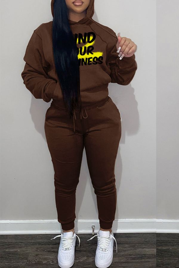 Dark Brown Street Print Letter Hooded Collar Long Sleeve Two Pieces