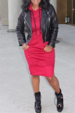 Red Casual Solid Patchwork Slit Hooded Collar Long Sleeve Dresses