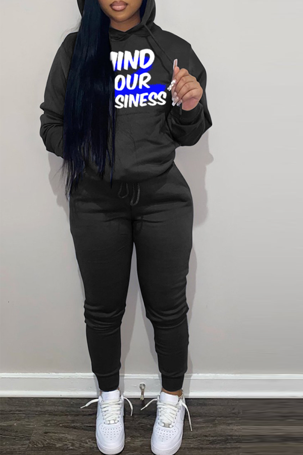 Black Street Print Letter Hooded Collar Long Sleeve Two Pieces