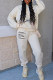 Cream White Casual Letter Print Patchwork Hooded Collar Long Sleeve Two Pieces