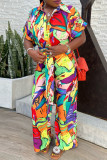Multicolor Casual Print Patchwork Turndown Collar Regular Jumpsuits