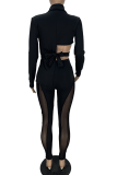 Red Sexy Solid Mesh Turndown Collar Long Sleeve Two Pieces