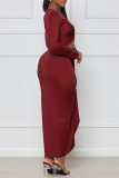Red Sexy Casual Solid Hollowed Out Asymmetrical O Neck Long Sleeve Dresses