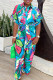 Turquoise Casual Print Patchwork Turndown Collar Regular Jumpsuits