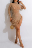 Pink Sexy Patchwork Hot Drilling See-through Feathers Beading Asymmetrical Half A Turtleneck Long Sleeve Dresses