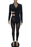 Red Sexy Solid Mesh Turndown Collar Long Sleeve Two Pieces