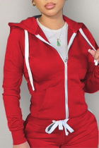 Red Street Solid Zipper Hooded Collar Tops
