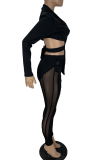Red Sexy Solid Mesh Turndown Collar Long Sleeve Two Pieces