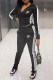 Black Casual Print Patchwork V Neck Long Sleeve Two Pieces