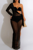 Black Sexy Patchwork Frenulum See-through Backless Slit Oblique Collar Long Sleeve Three-piece Set