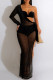 Black Sexy Patchwork Frenulum See-through Backless Slit Oblique Collar Long Sleeve Three-piece Set