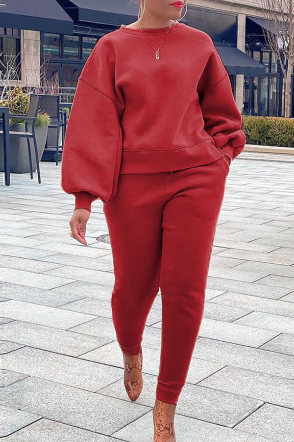 Red Casual Solid Patchwork O Neck Long Sleeve Two Pieces