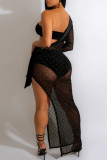 Black Sexy Patchwork Frenulum See-through Backless Slit Oblique Collar Long Sleeve Three-piece Set