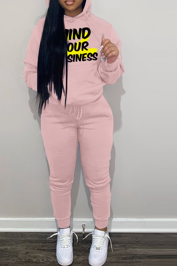 Pink Street Print Letter Hooded Collar Long Sleeve Two Pieces