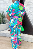 Multicolor Casual Print Patchwork Turndown Collar Regular Jumpsuits