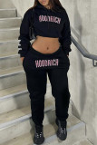 Black Casual Letter Print Patchwork Hooded Collar Long Sleeve Two Pieces