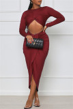 Purple Sexy Casual Solid Hollowed Out Asymmetrical O Neck Long Sleeve Dresses
