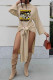 Beige Casual Print Slit Half A Turtleneck Long Sleeve Dresses