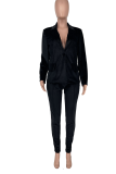 Blue Street Solid Patchwork Turndown Collar Long Sleeve Two Pieces