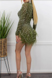 Pink Sexy Patchwork Hot Drilling See-through Feathers Beading Asymmetrical Half A Turtleneck Long Sleeve Dresses