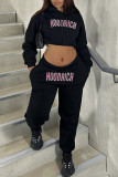 Black Casual Letter Print Patchwork Hooded Collar Long Sleeve Two Pieces