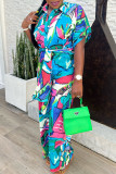 Multicolor Casual Print Patchwork Turndown Collar Regular Jumpsuits