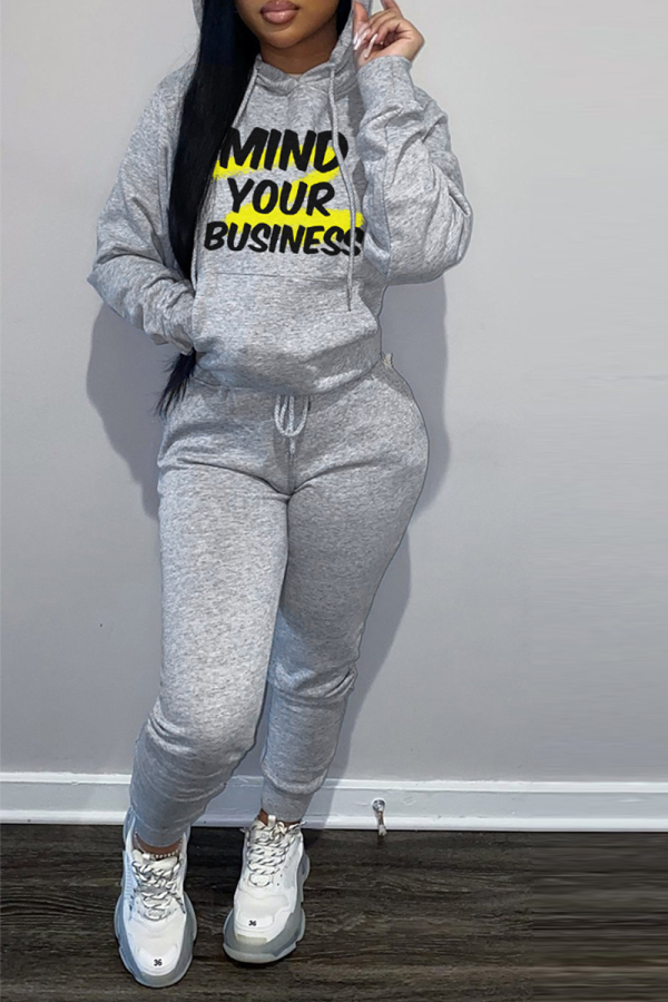 Grey Street Print Letter Hooded Collar Long Sleeve Two Pieces