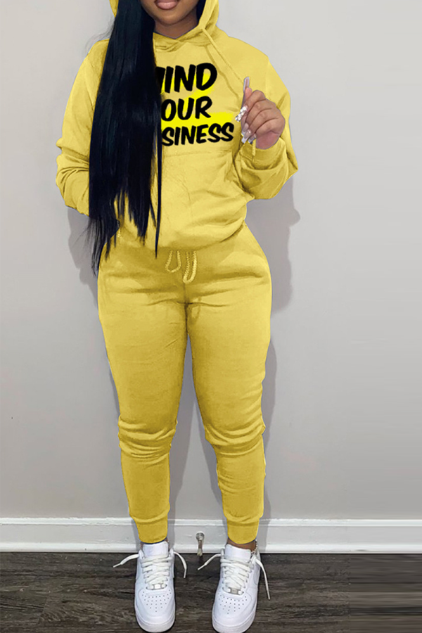 Yellow Street Print Letter Hooded Collar Long Sleeve Two Pieces