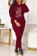 Burgundy Casual Print Letter Hooded Collar Long Sleeve Two Pieces