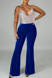 Blue Casual Solid Patchwork Regular High Waist Trousers