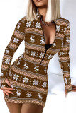 Deep Blue Casual Print Patchwork Zipper Collar Long Sleeve Dresses
