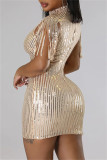 Green Sexy Patchwork Tassel Sequins Half A Turtleneck Sleeveless Dress Dresses