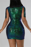 Green Sexy Patchwork Tassel Sequins Half A Turtleneck Sleeveless Dress Dresses