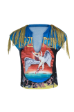 Blue Sexy Print Tassel V Neck Tops