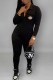 Black Casual Print Letter Turndown Collar Jumpsuits