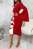 Red Street Print Patchwork O Neck Pencil Skirt Dresses