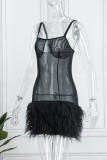 Black Sexy Solid Patchwork See-through Backless Spaghetti Strap Sleeveless Dress Dresses