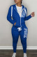 Blue Casual Daily Letter Print Patchwork Hooded Collar Long Sleeve Two Pieces