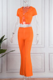 Orange Sexy Casual Solid Patchwork V Neck Short Sleeve Two Pieces