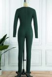 Green Casual Solid Patchwork V Neck Skinny Jumpsuits